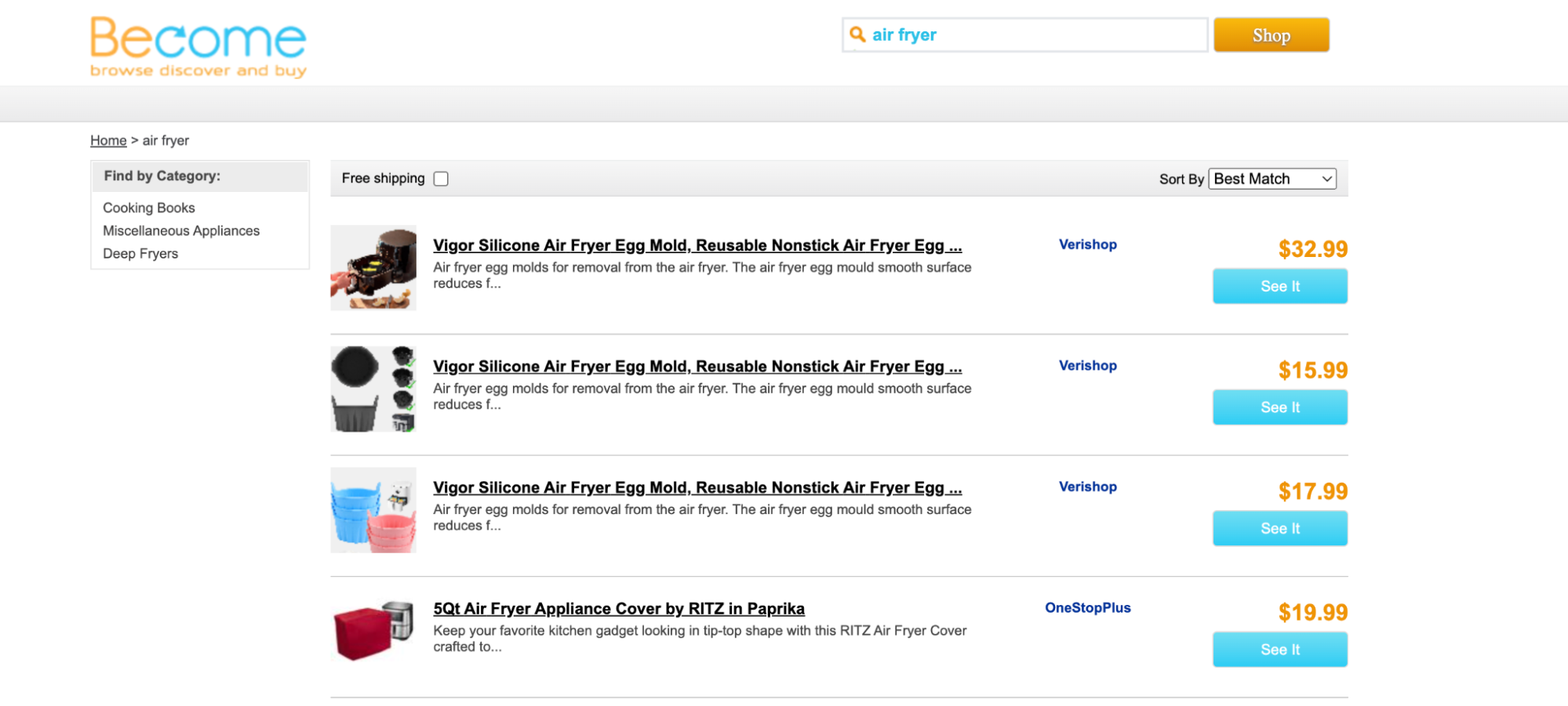 Become Price comparison website showing listings for air fryers and accessories.