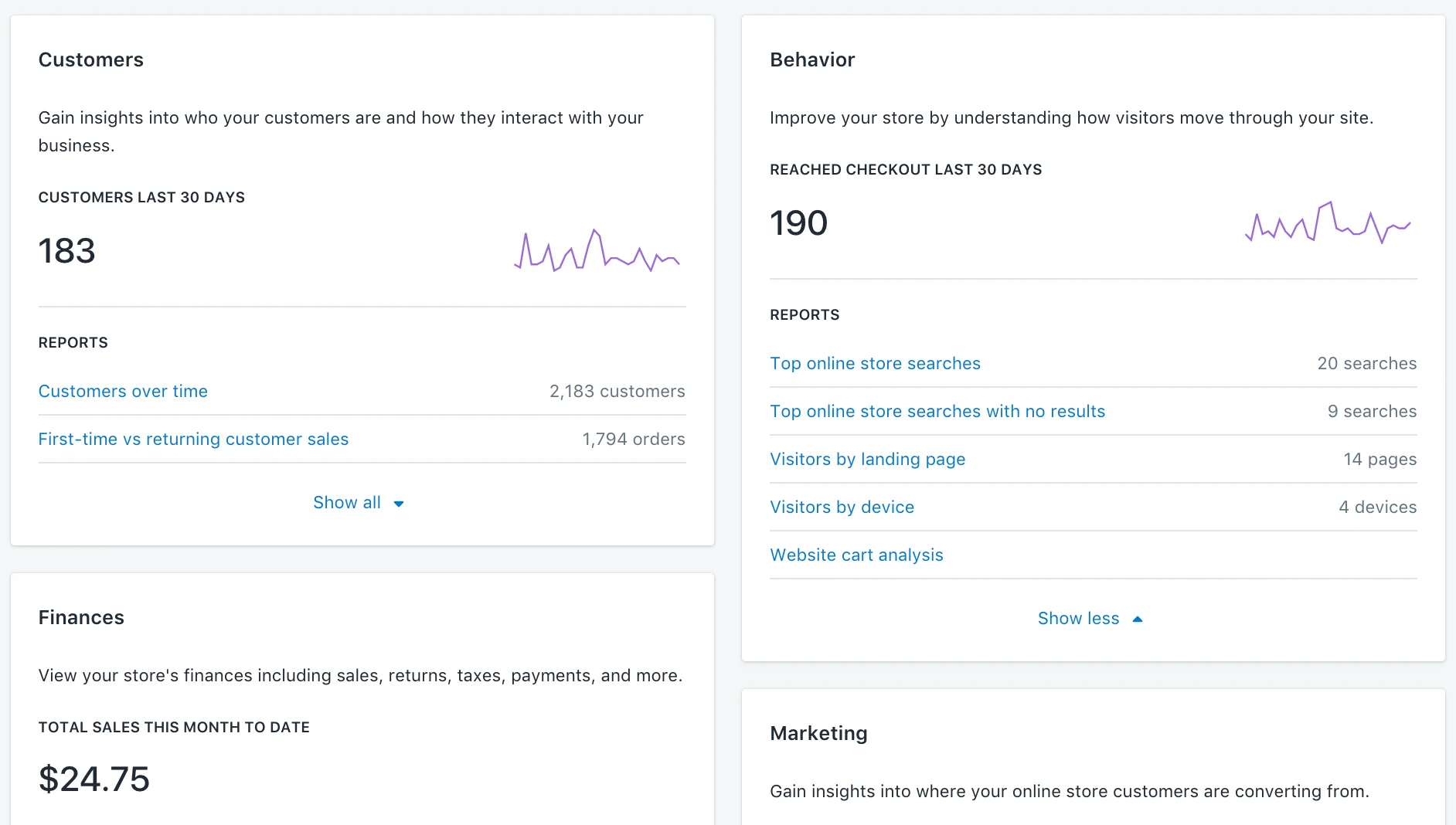 Shopify Behavior reports