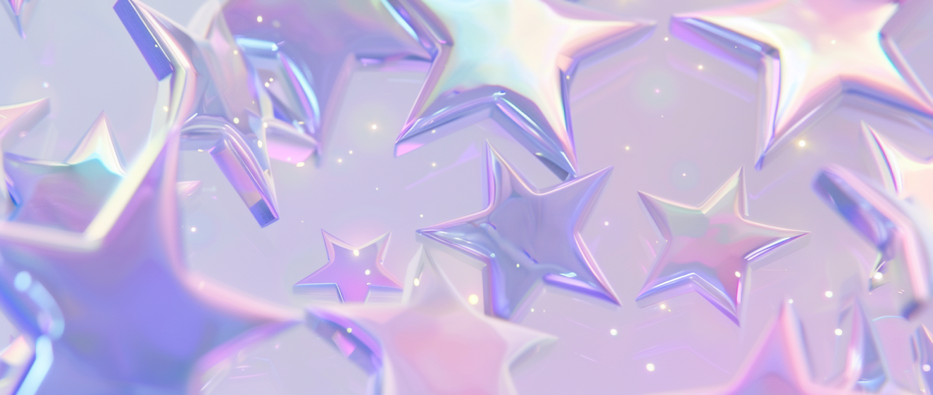 Silver shiny stars falling on a light purple background.