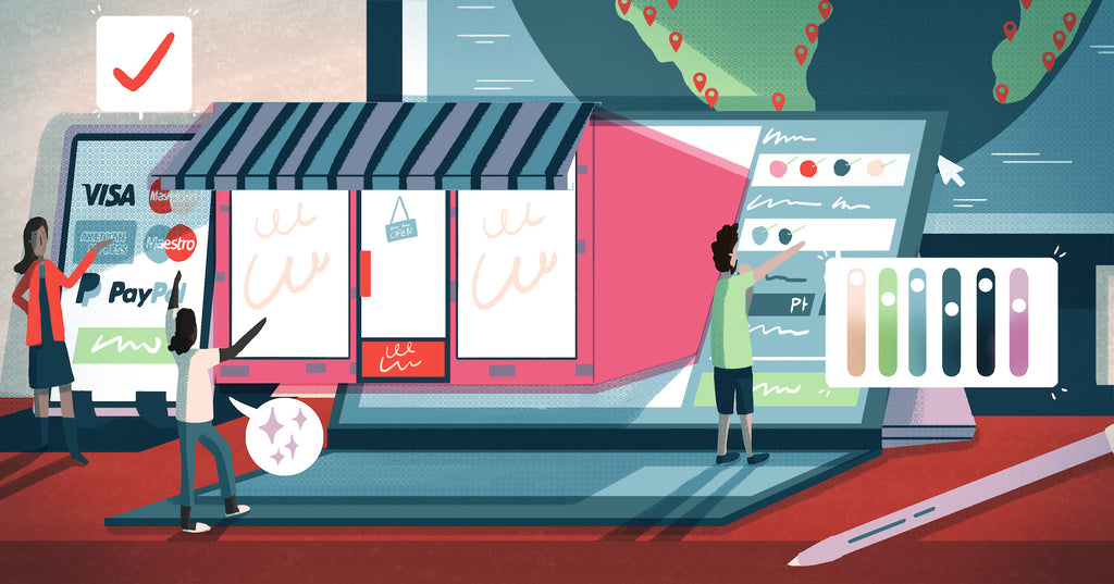 Illustration of a storefront being projected from a laptop, representing how the best ecommerce platforms help you meet your customers wherever they are