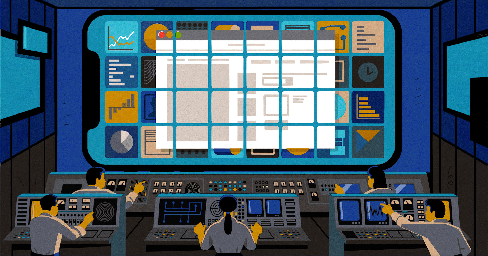 Illustration of a business owner looking at a larger set of screens, which signifies that your website builder is like your business's headquarters