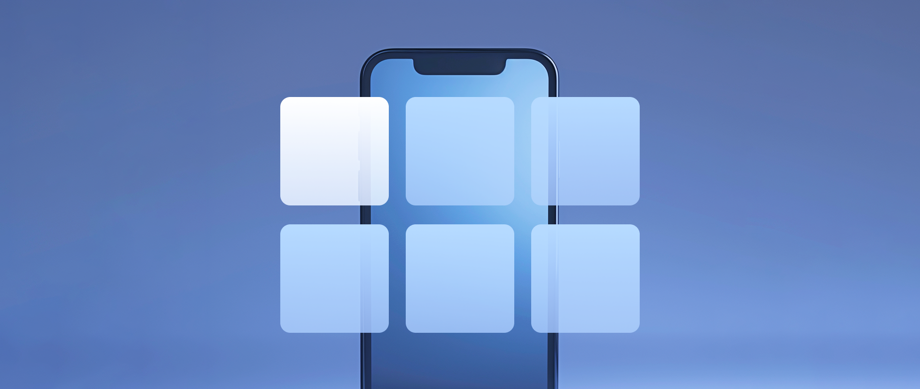 A smartphone with six square panels in front of the phone on a blue background.