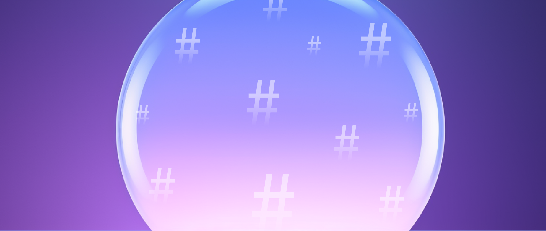 A light blue purple sphere with hashtags on a purple background.