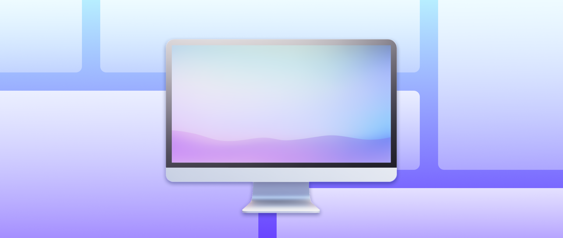 An iMac computer screen on a background of image boxes of various dimensions.