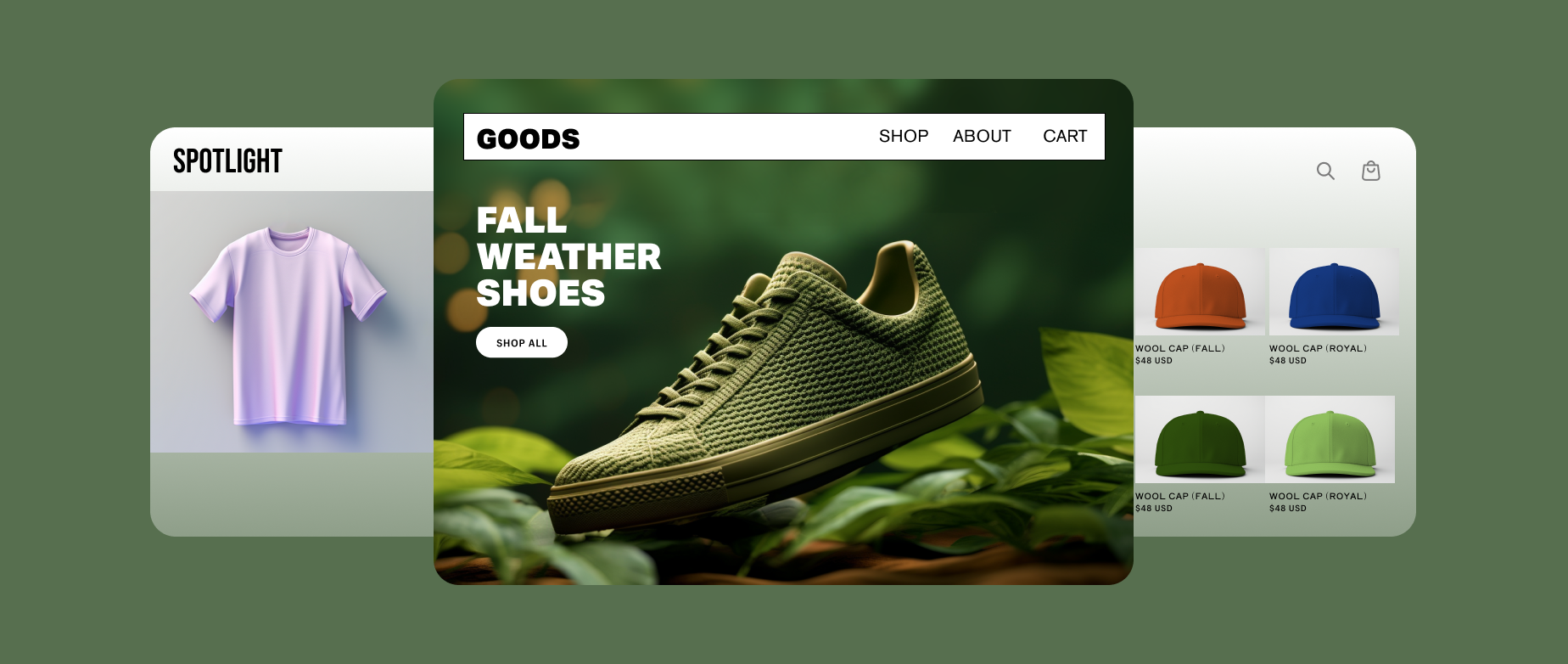Three browser windows showing demos of best shopify ecommerce theme designs