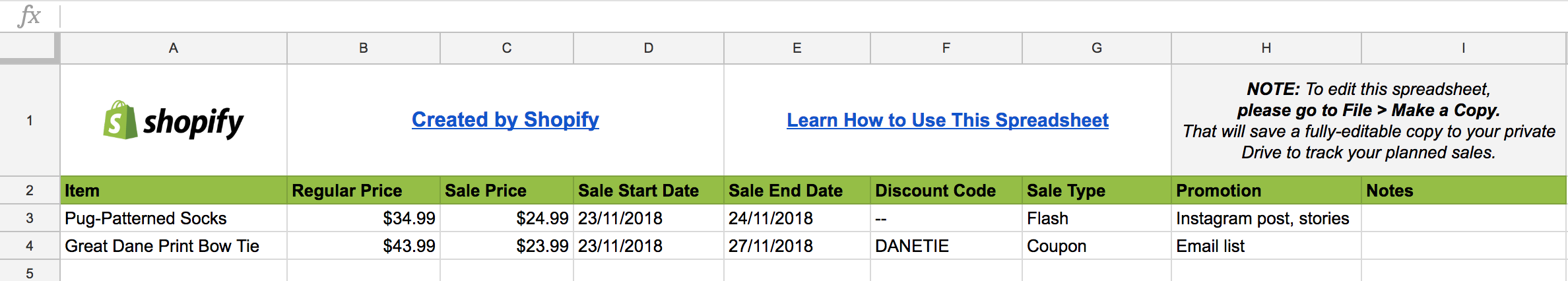 A planning spreadsheet for your BFCM sales