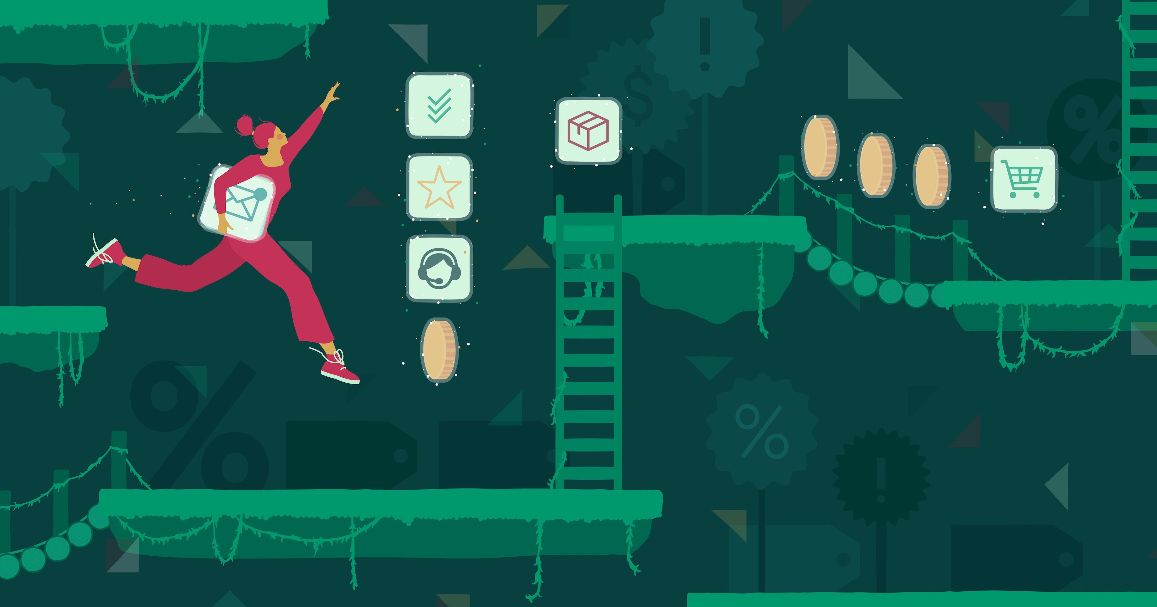 Illustration of a woman navigating obstacles in a video game and collecting apps