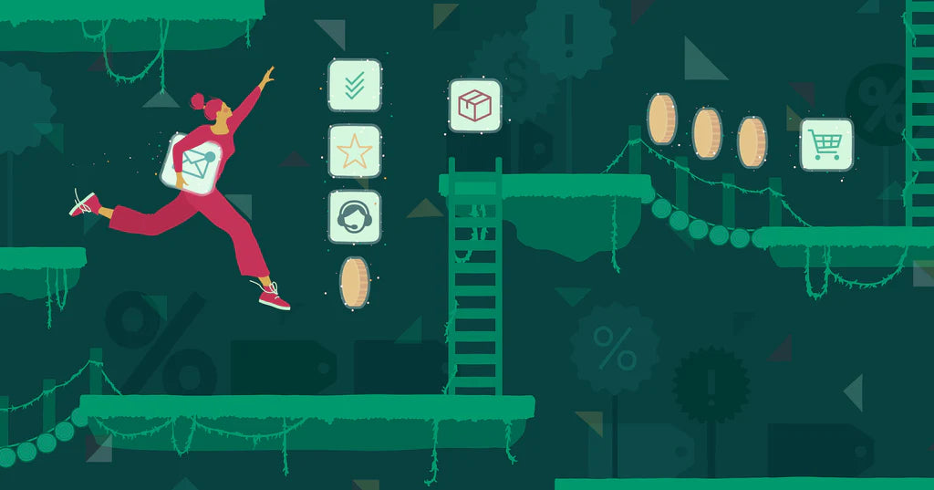 Illustration of a character jumping through a video game course