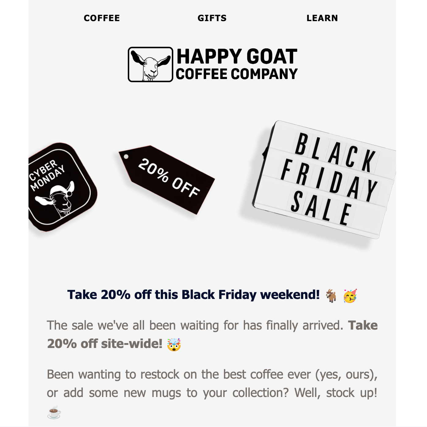 Happy Goat quirky Black Friday email screen grab.