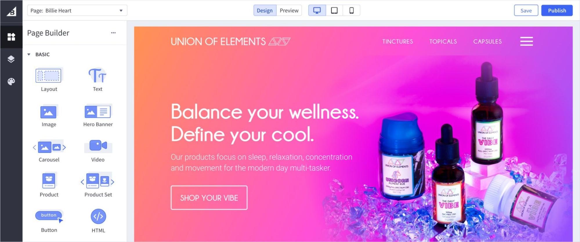 The BigCommerce page builder with page elements widgets and a beauty brand website being built