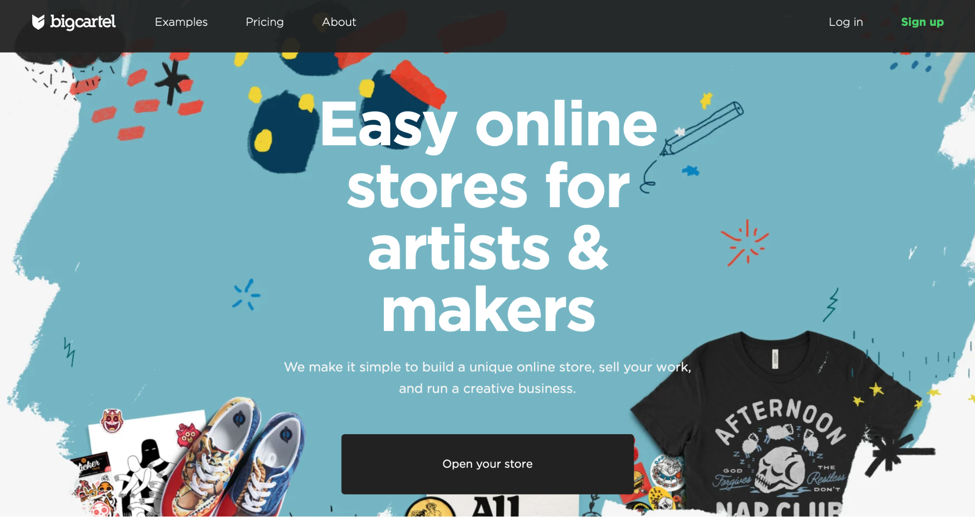 Ecommerce platform homepage with background showing custom clothing items.