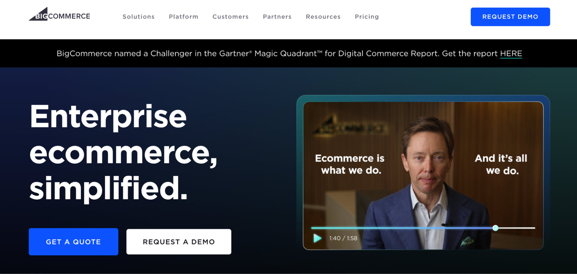 BigCommerce screengrab showing a video of a man next to the words, “Ecommerce is what we do.”