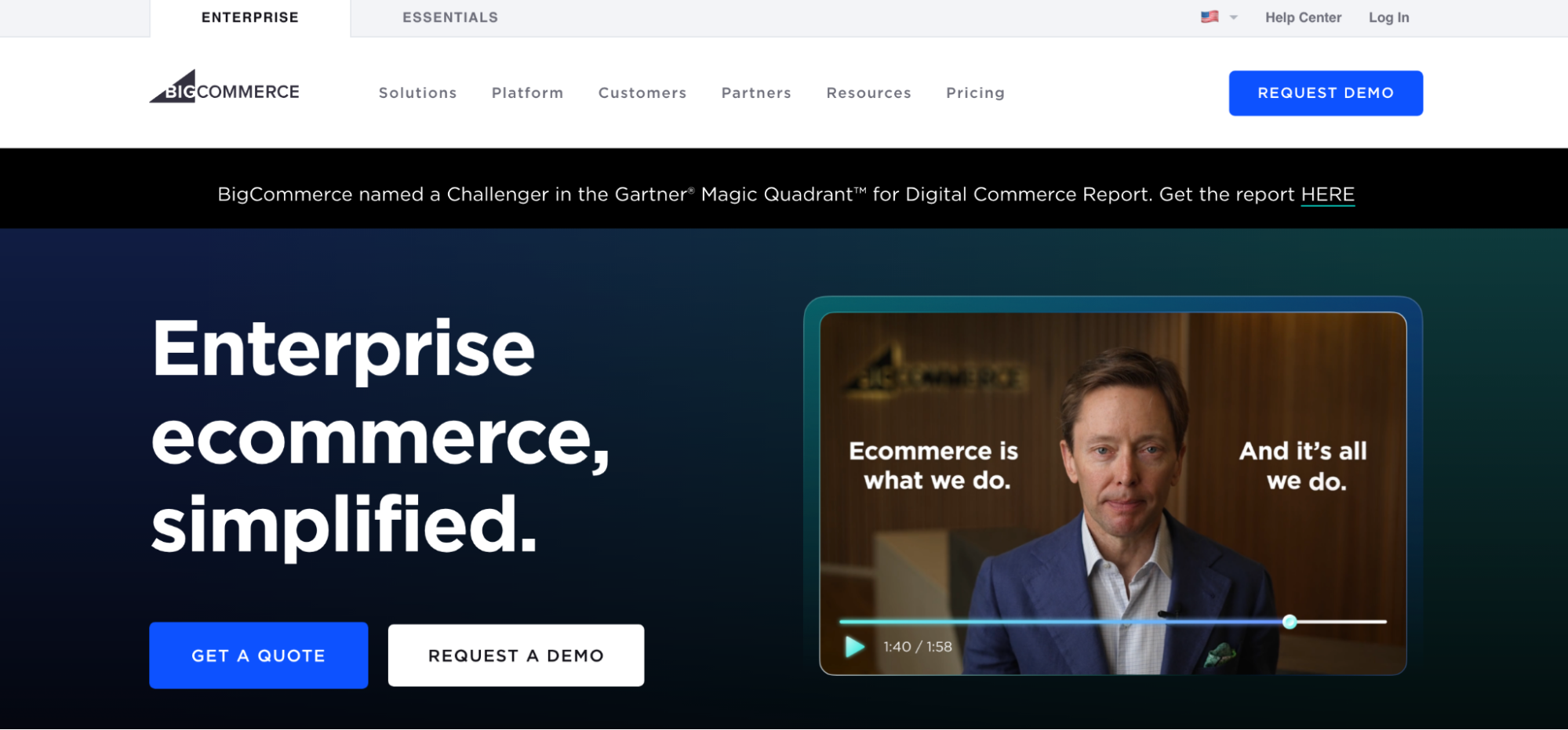 BigCommerce homepage with buttons next to a video showing a person wearing a suit speaking to the camera.