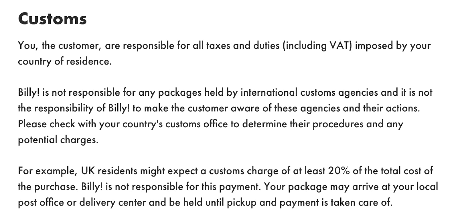 A look at Billy!'s informational international shipping policy page.