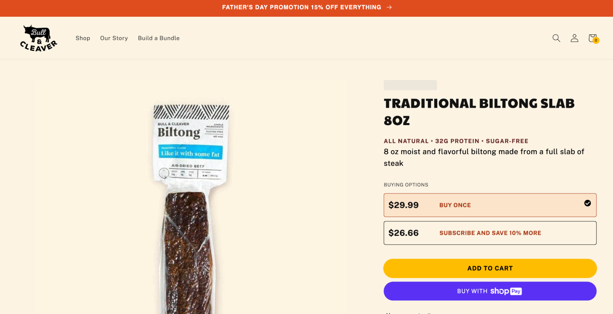 Bull & Cleaver’s product page for a biltong slab.