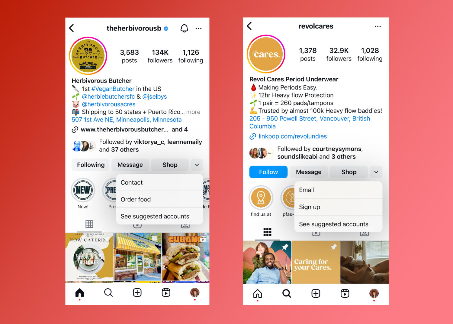 Side by side views of social media accounts in a mobile view