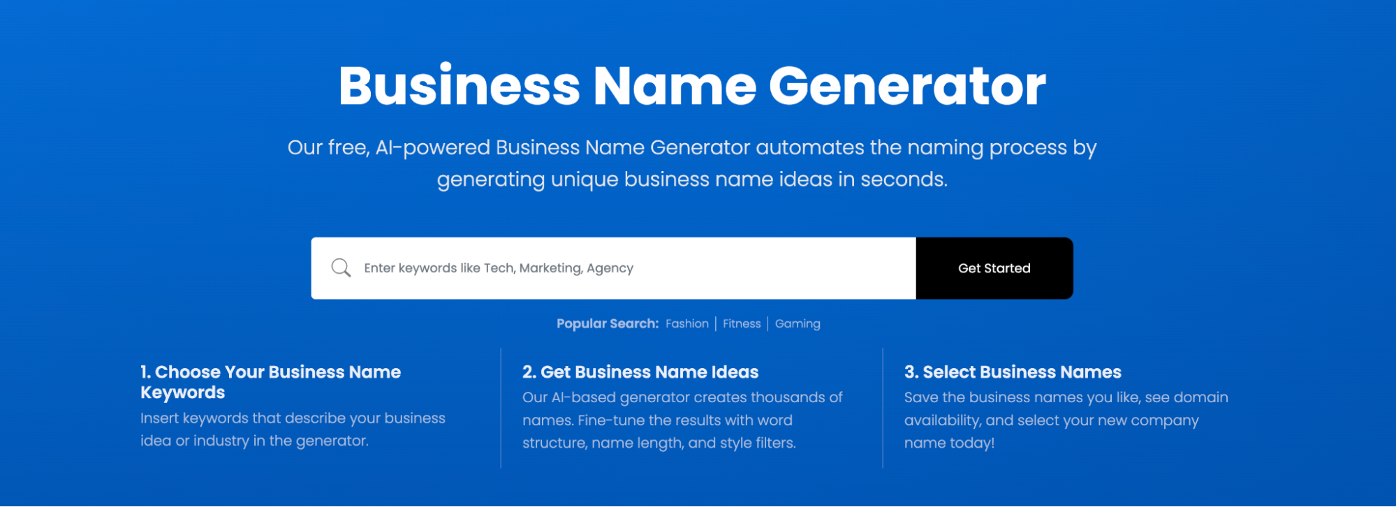 A blue webpage by Business Name Generator with search bar and button to generate AI-powered name ideas.