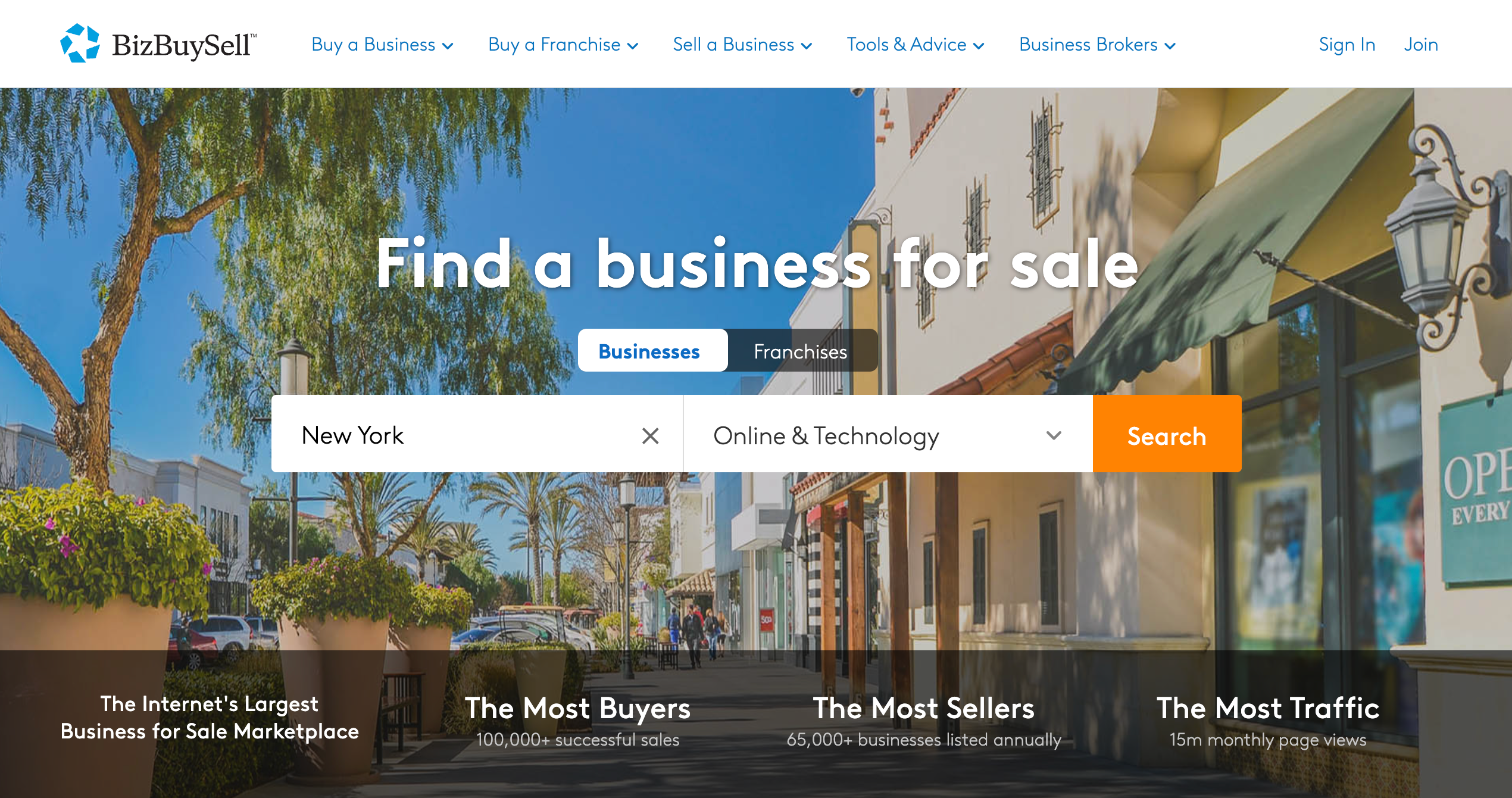 BizBuySell homepage showing user searching for online businesses in New York