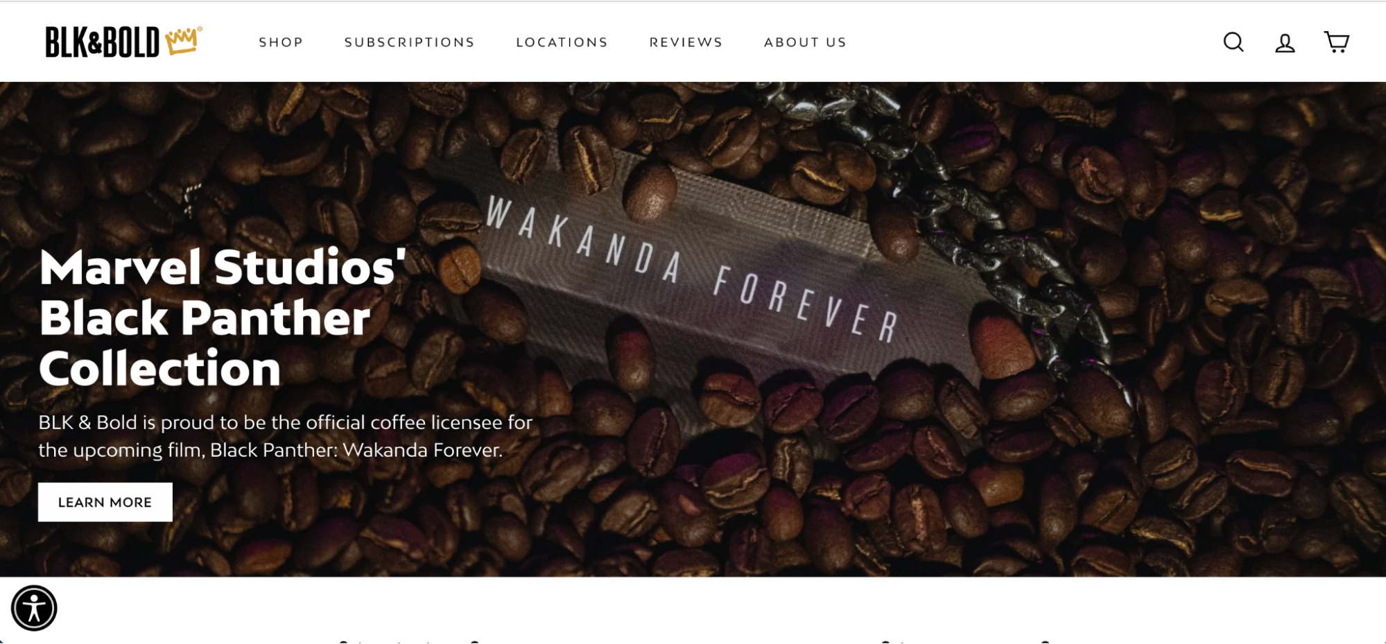 Site web de la marque de café BLK & Bold, présentant une hero image