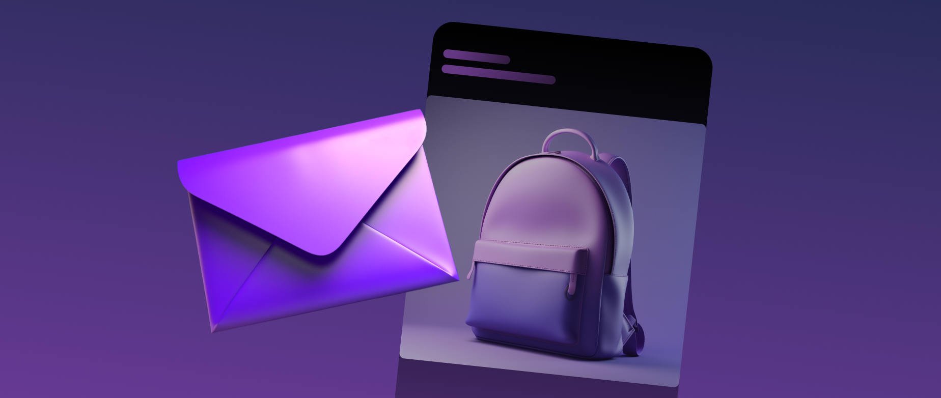 A purple envelope next to an image of an ad for a purple backpack on a purple background.
