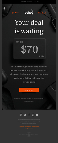 Email from Bellroy that promises customers Black Friday savings of up to $70.