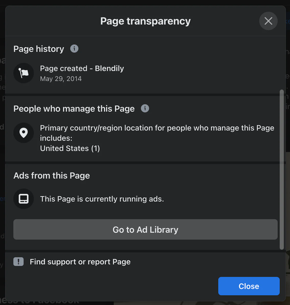 Blendily Facebook Page transparency pop-up