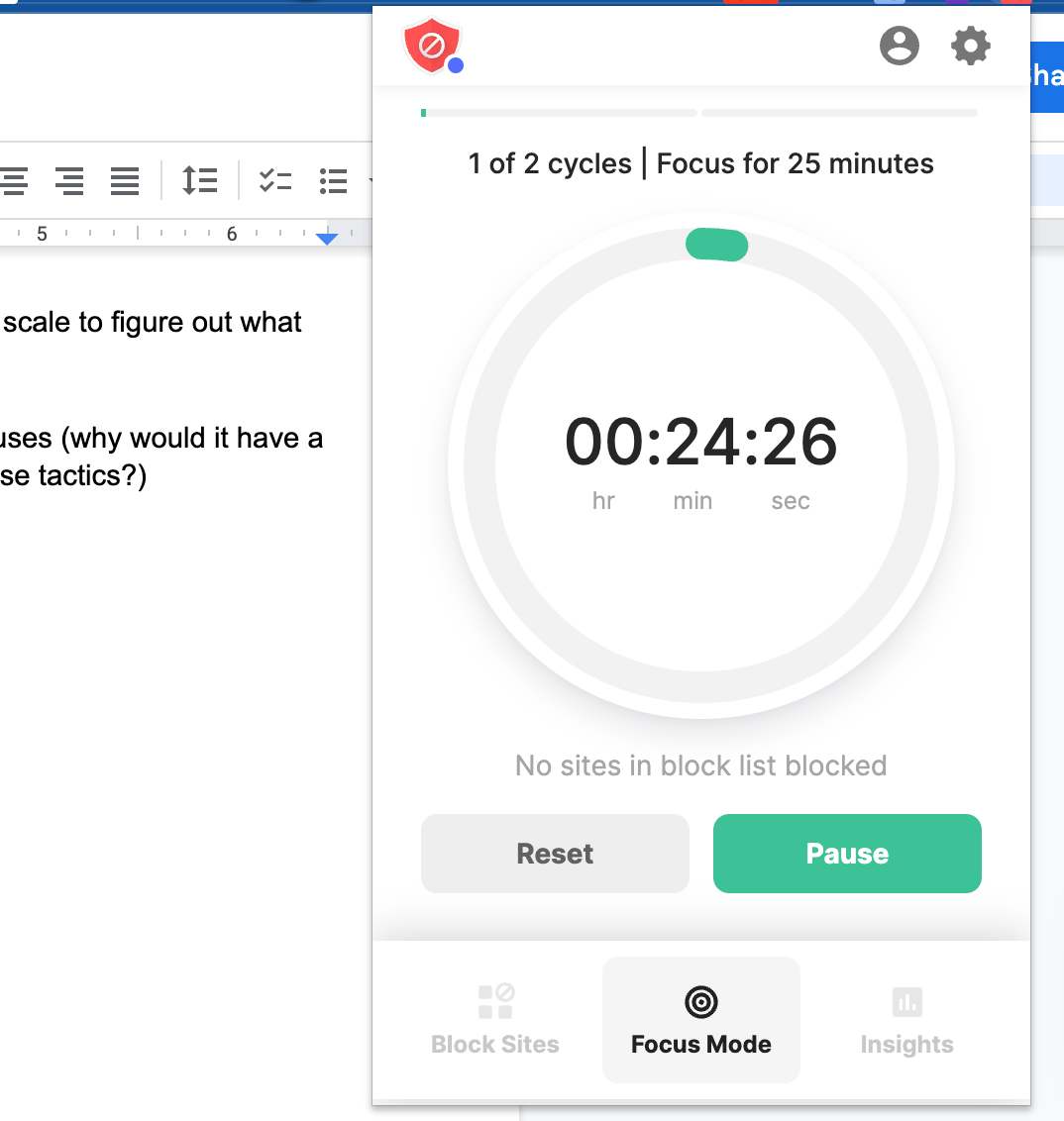 Focus mode timer set for 25 minutes with reset, pause, and site-blocking options.