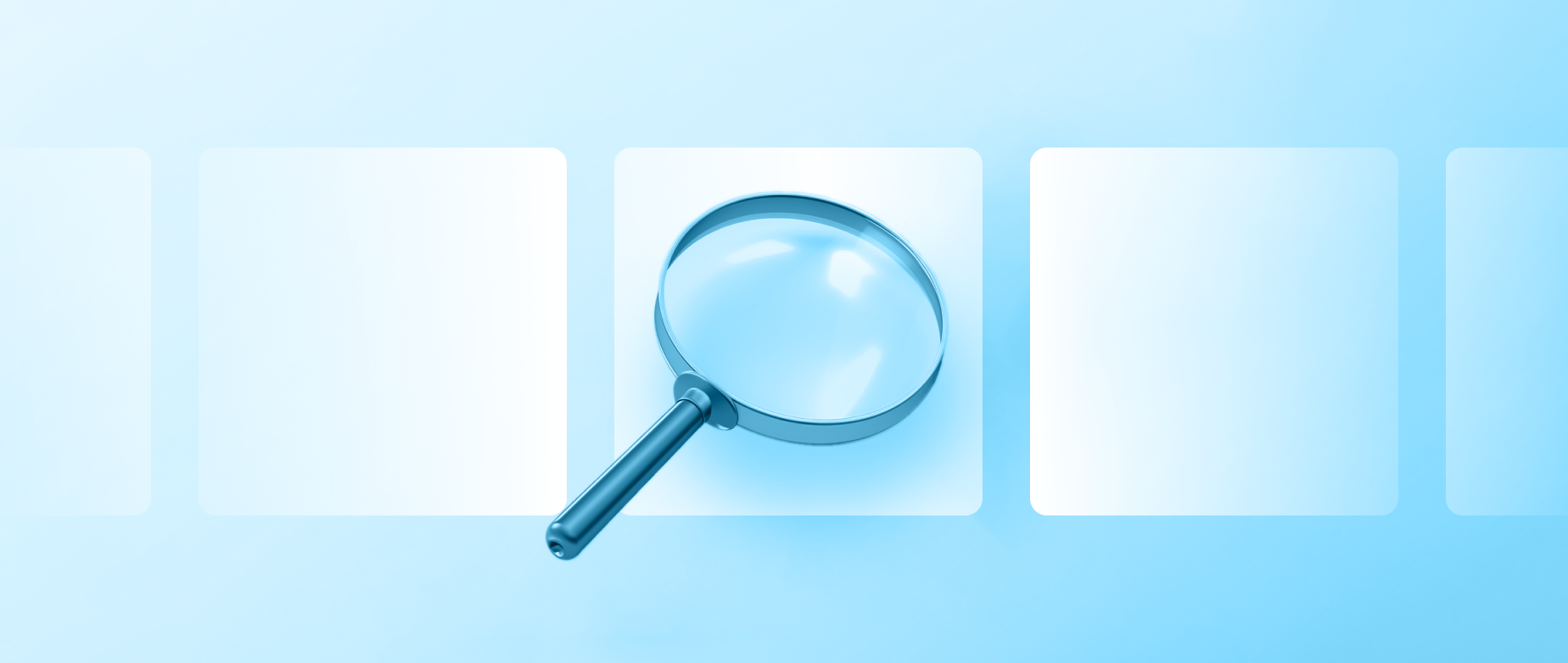 A magnifying glass on white panels on a blue background.