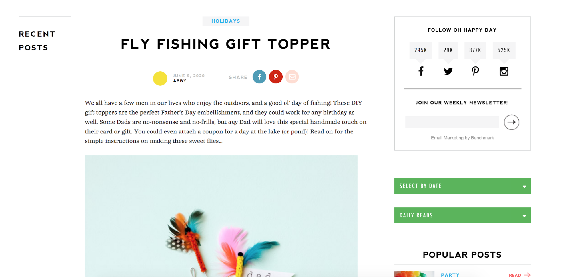 A sample Oh Happy Day blog post about how to make a fly fishing gift topper with social sharing stats