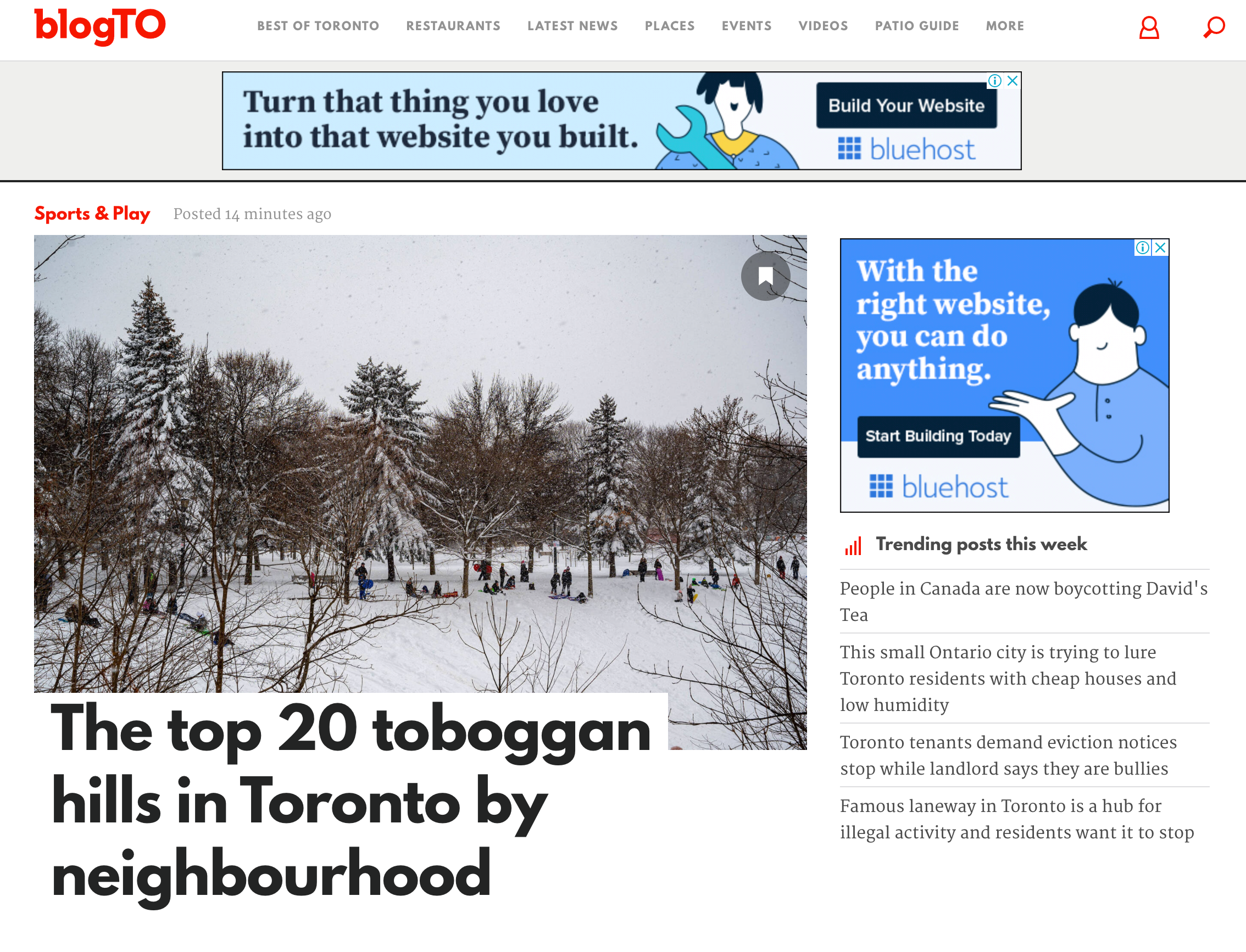 A sample blogto landing page with the headline "The top 20 toboggan hills in Toronto by neighbourhood"