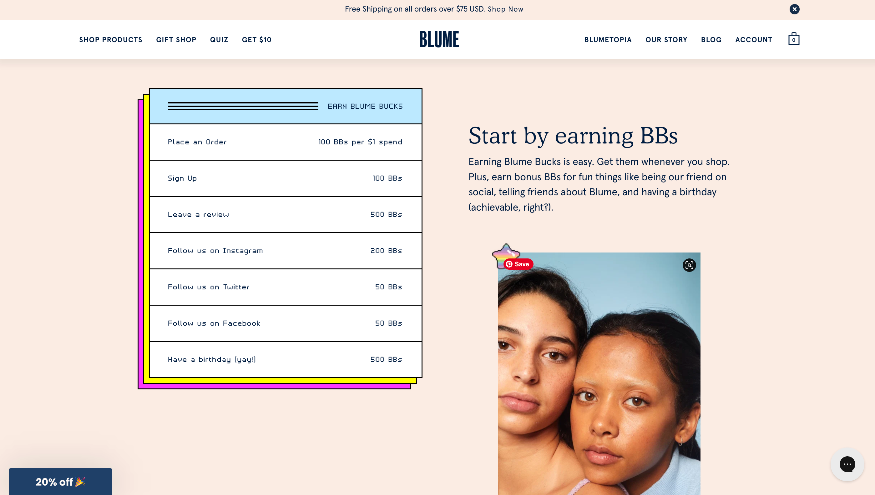 Ecommerce webpage for skincare brand Blume's rewards program