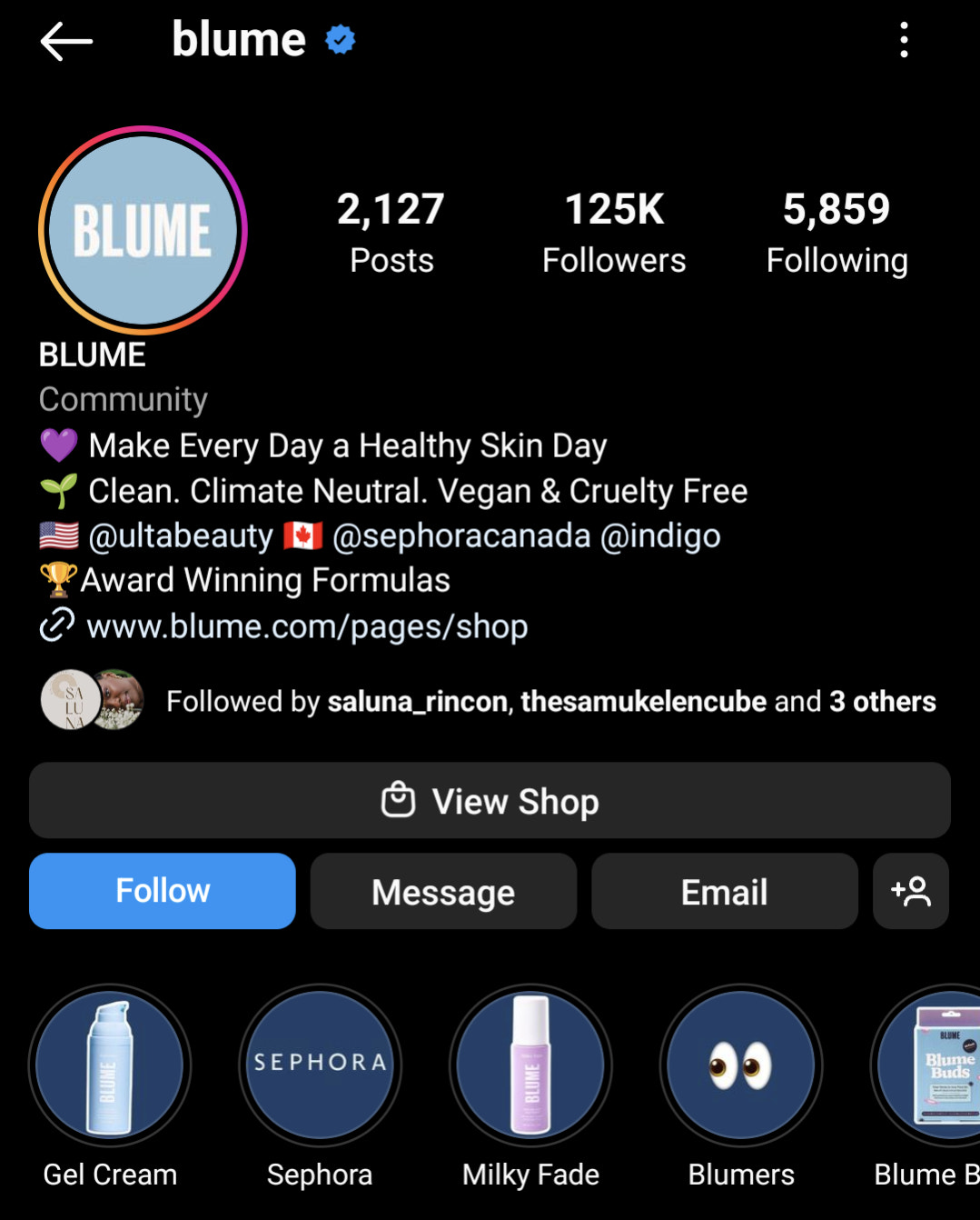 screenshot of Blume Instagram bio
