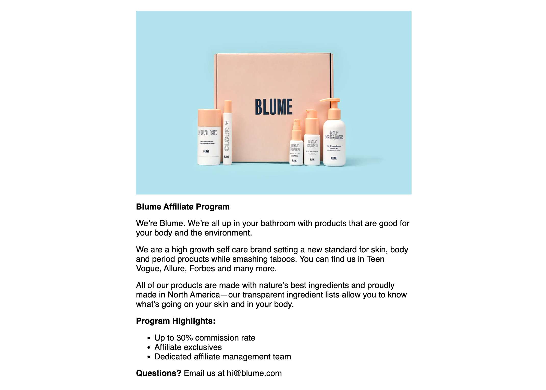 Blume affiliate program offer with products.