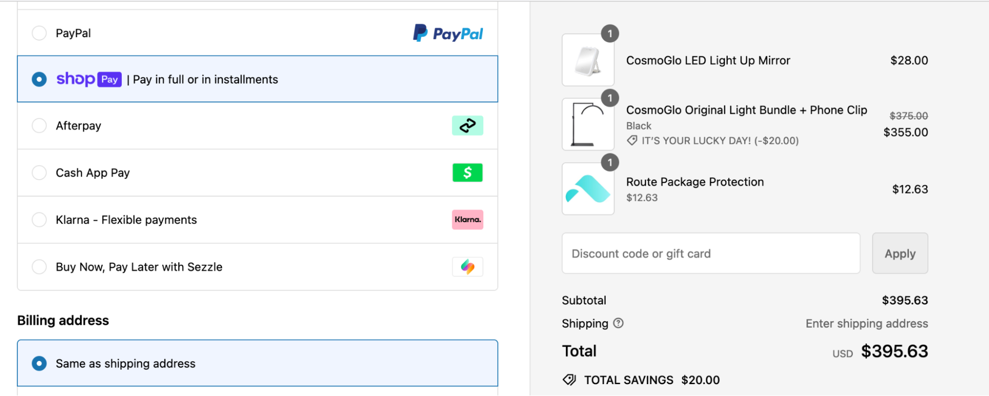 Image of CosmoGlo payment options at checkout.