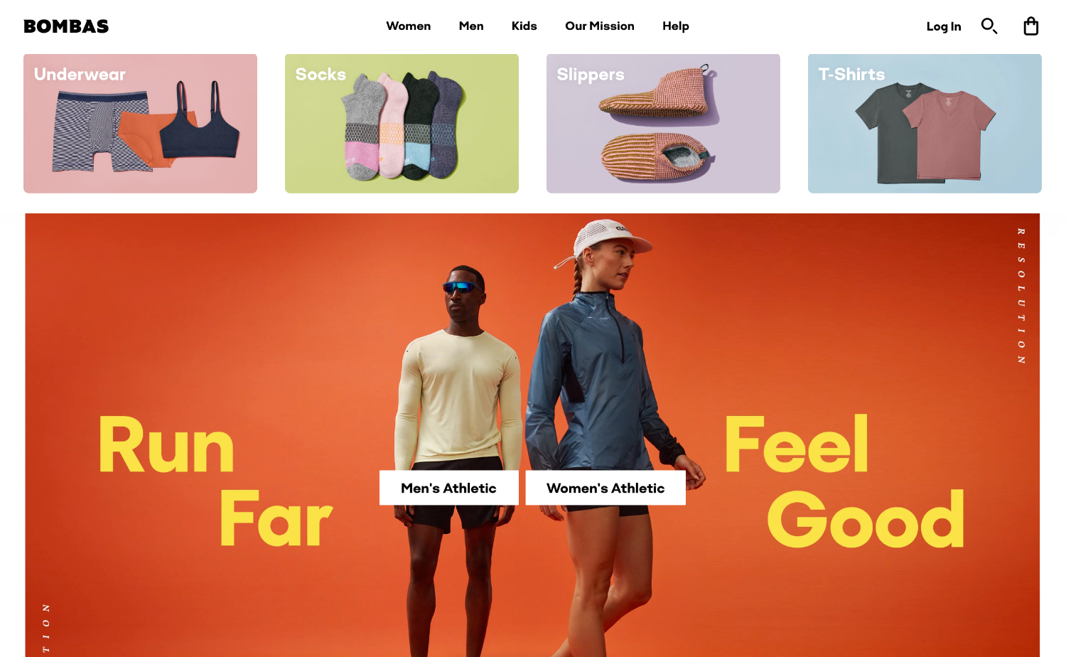 Ecommerce homepage for brand Bombas