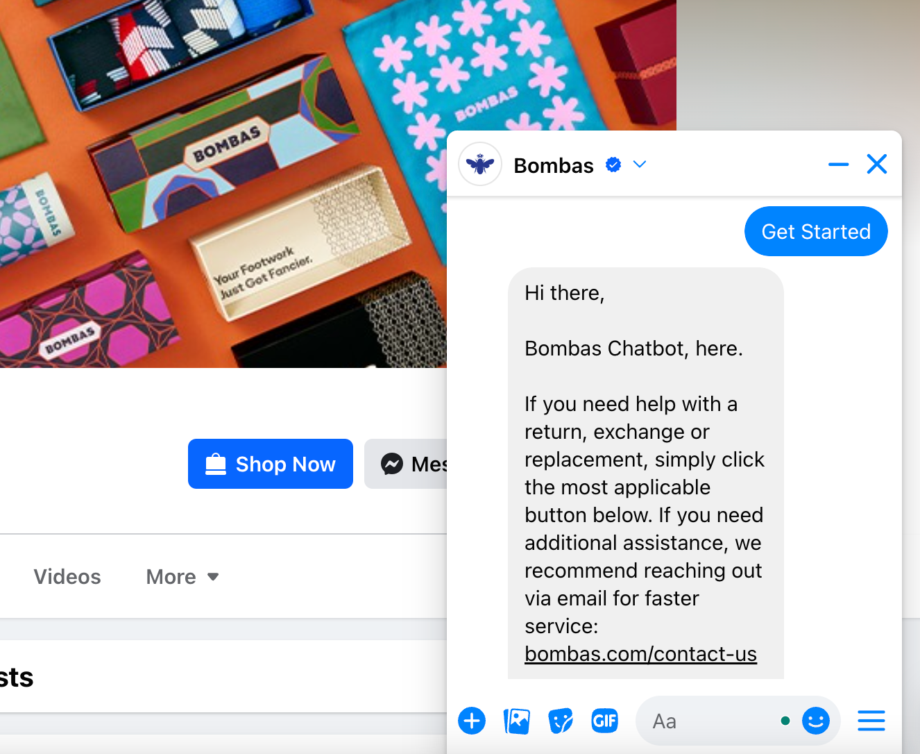 Bombas’ Facebook page with colorful packaging and its customer service messenger chatbot.