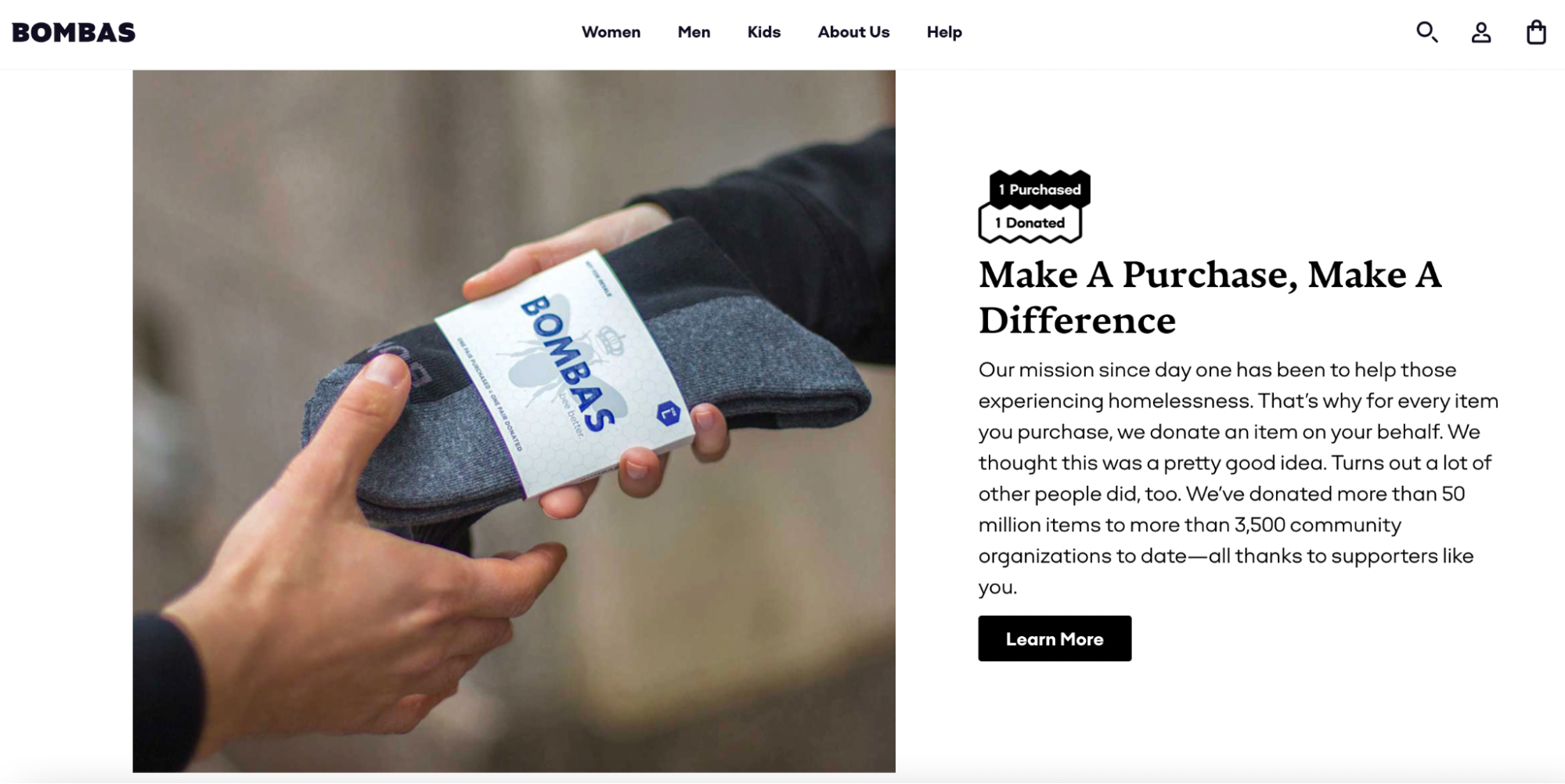 Direct-to-consumer brand Bombas’ website page describing its donation one program