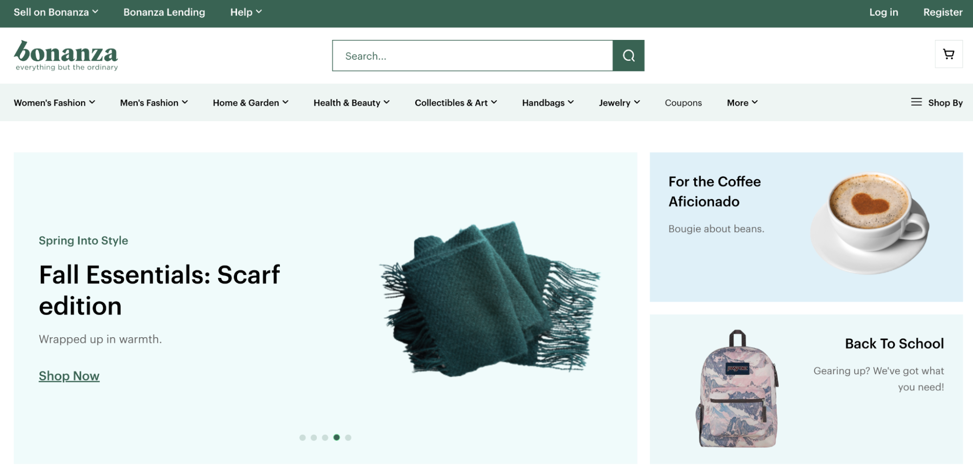 Bonanza homepage with promotional sections for popular products including coffee and scarves.