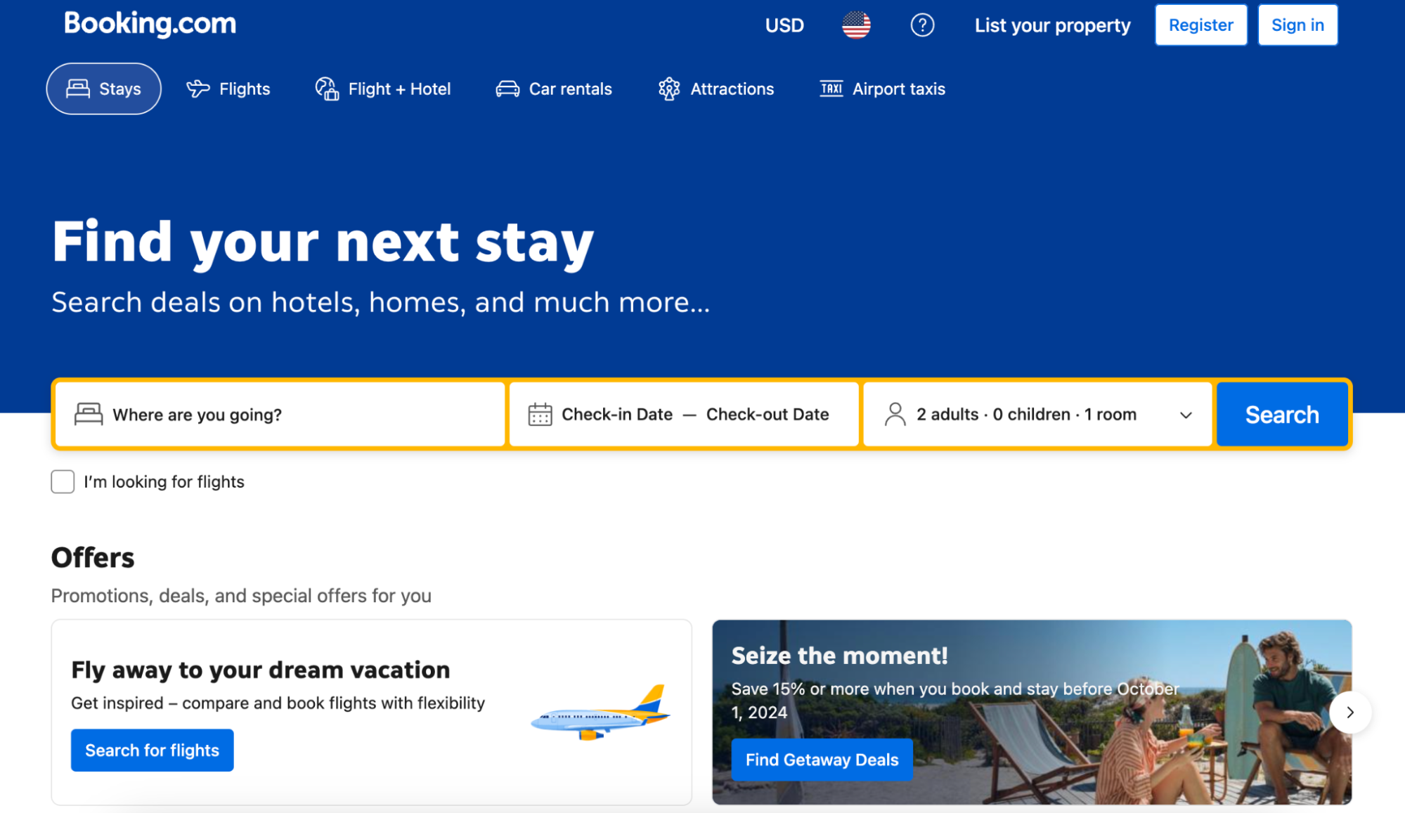 Booking.com’s homepage showing a search bar to find a hotel.