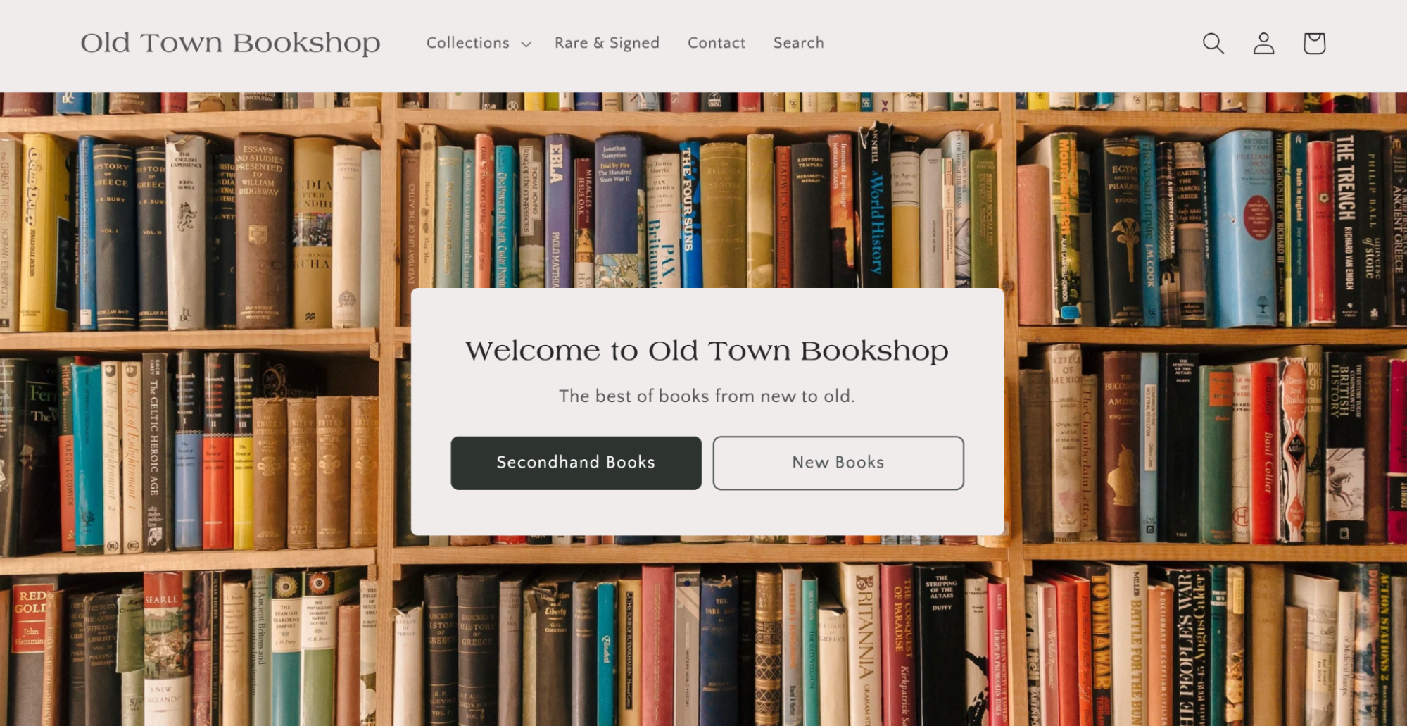 Old Town Bookshop’s homepage with description of products sold.