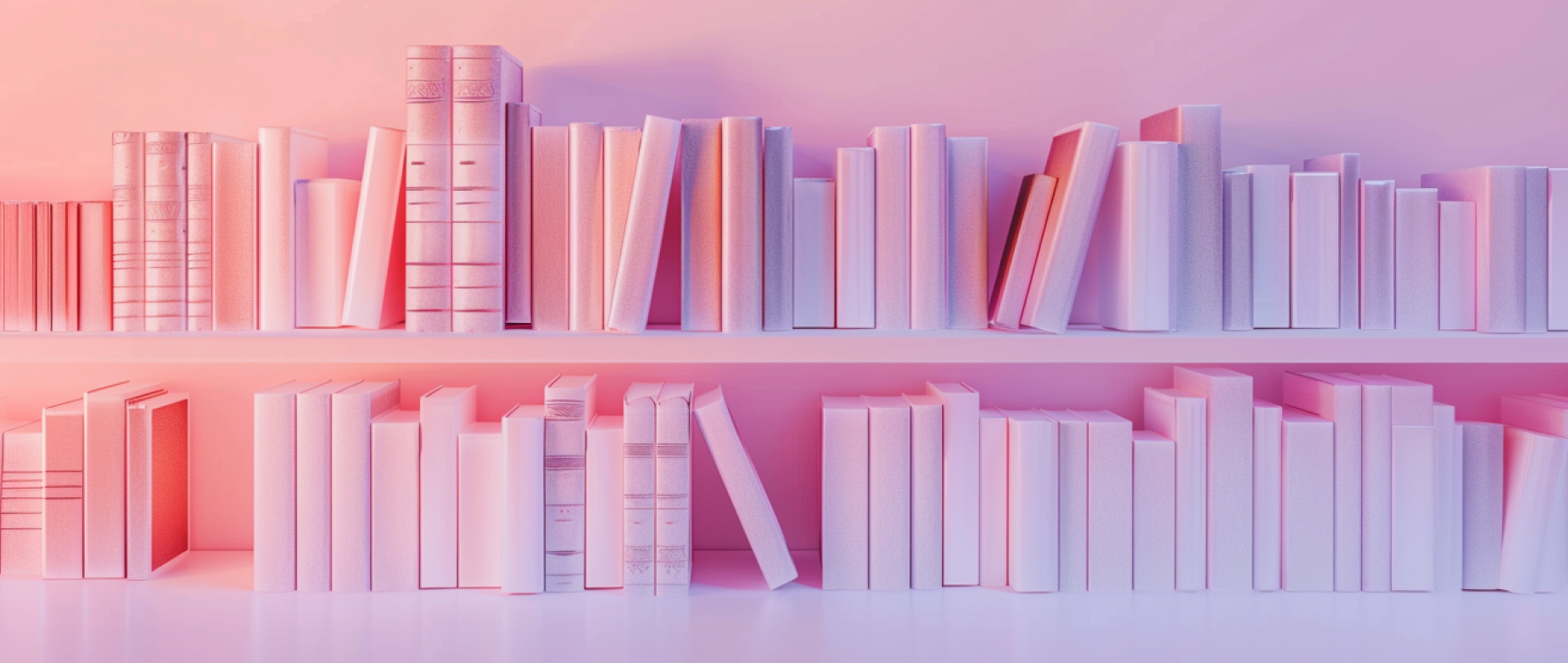 Two long bookshelves filled with books with blank covers.