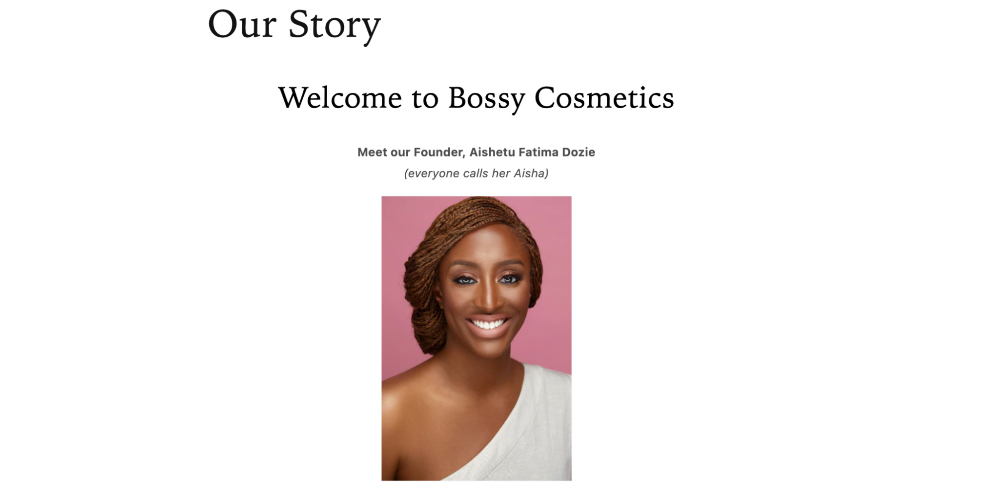 Screenshot of Bossy Cosmetics About Us page featuring a smiling image of the founder