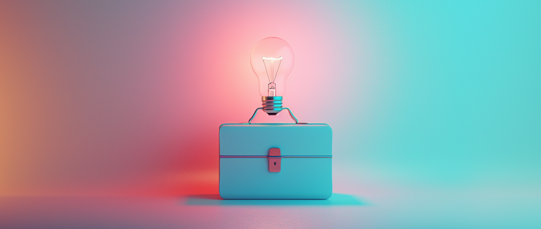 A briefcase with a lit lightbulb on top on a pink and blue background.