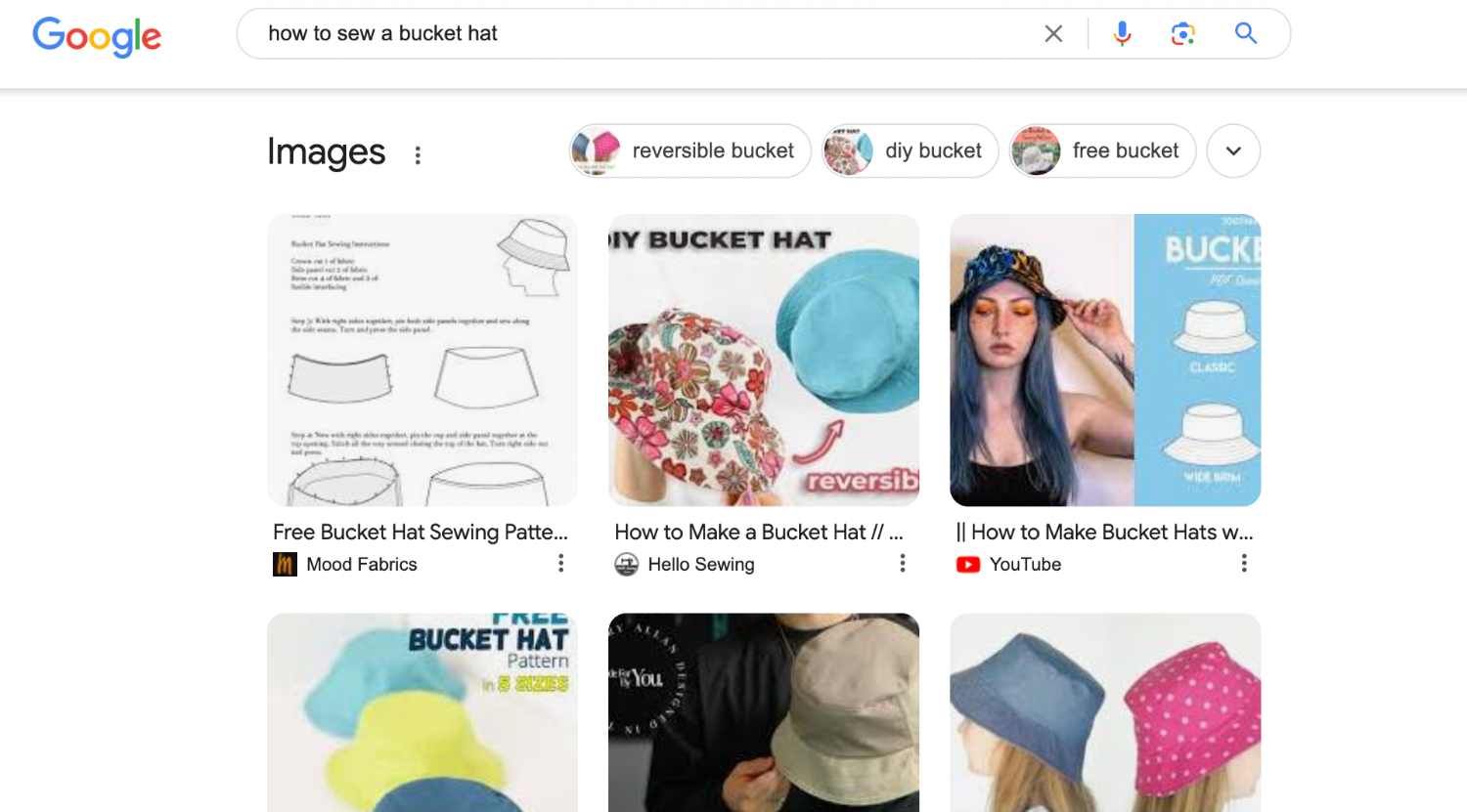 A Google SERP page for "DIY bucket hat"