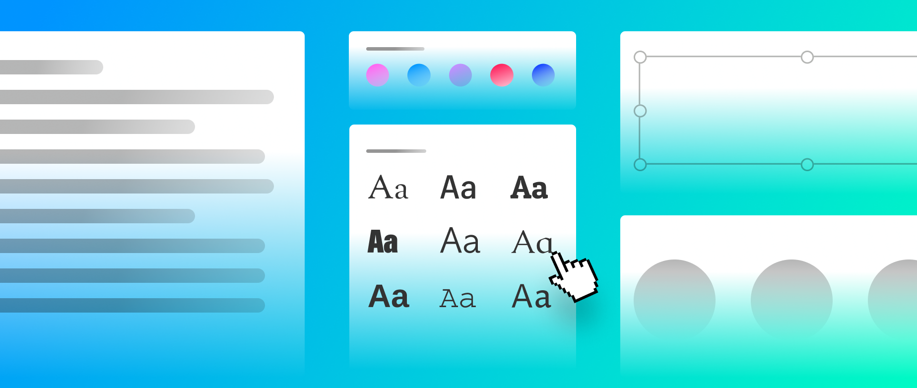 Icons and templates representing brand guidelines including fonts and color palettes