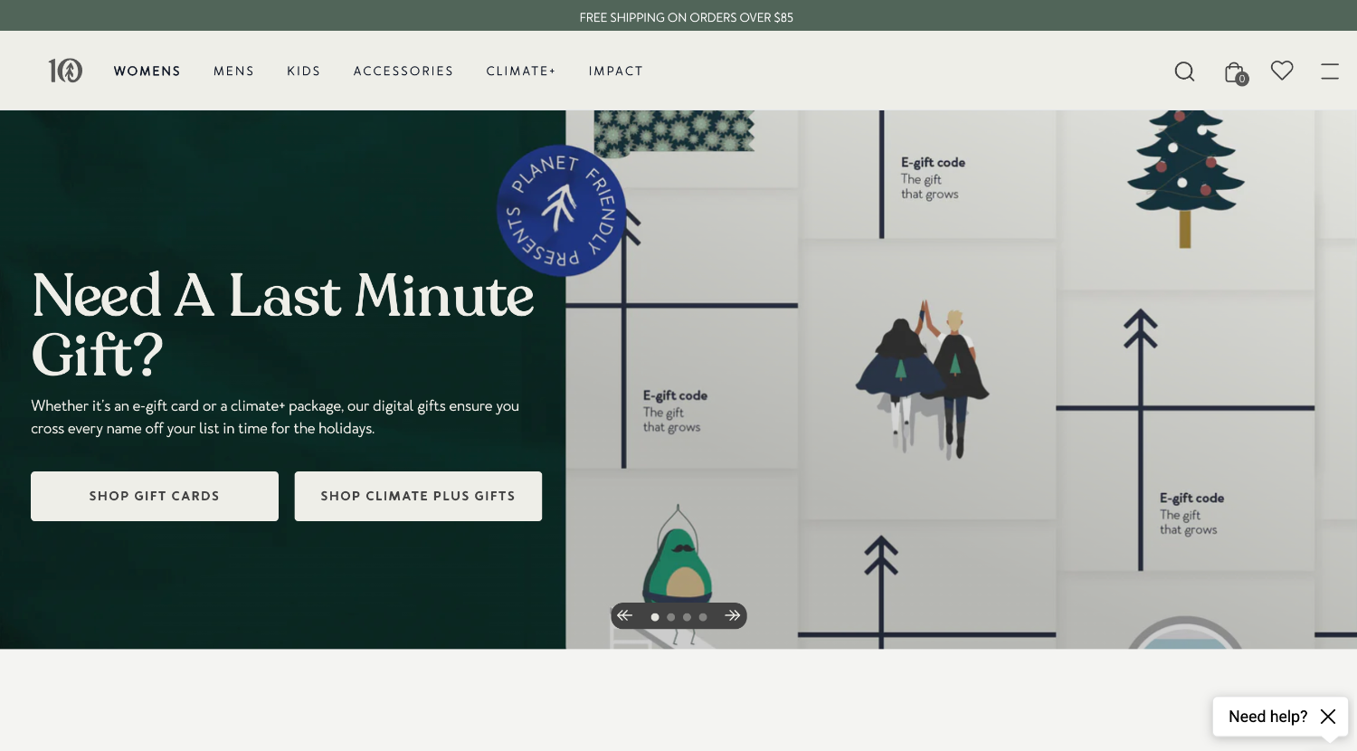 Ecommerce homepage from brand Tentree