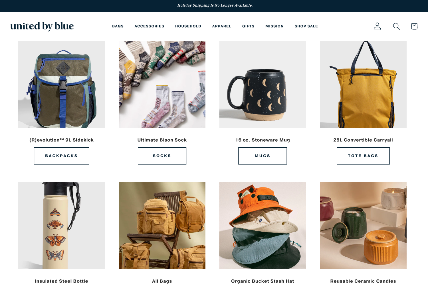 Ecommerce webpage from brand United by Blue