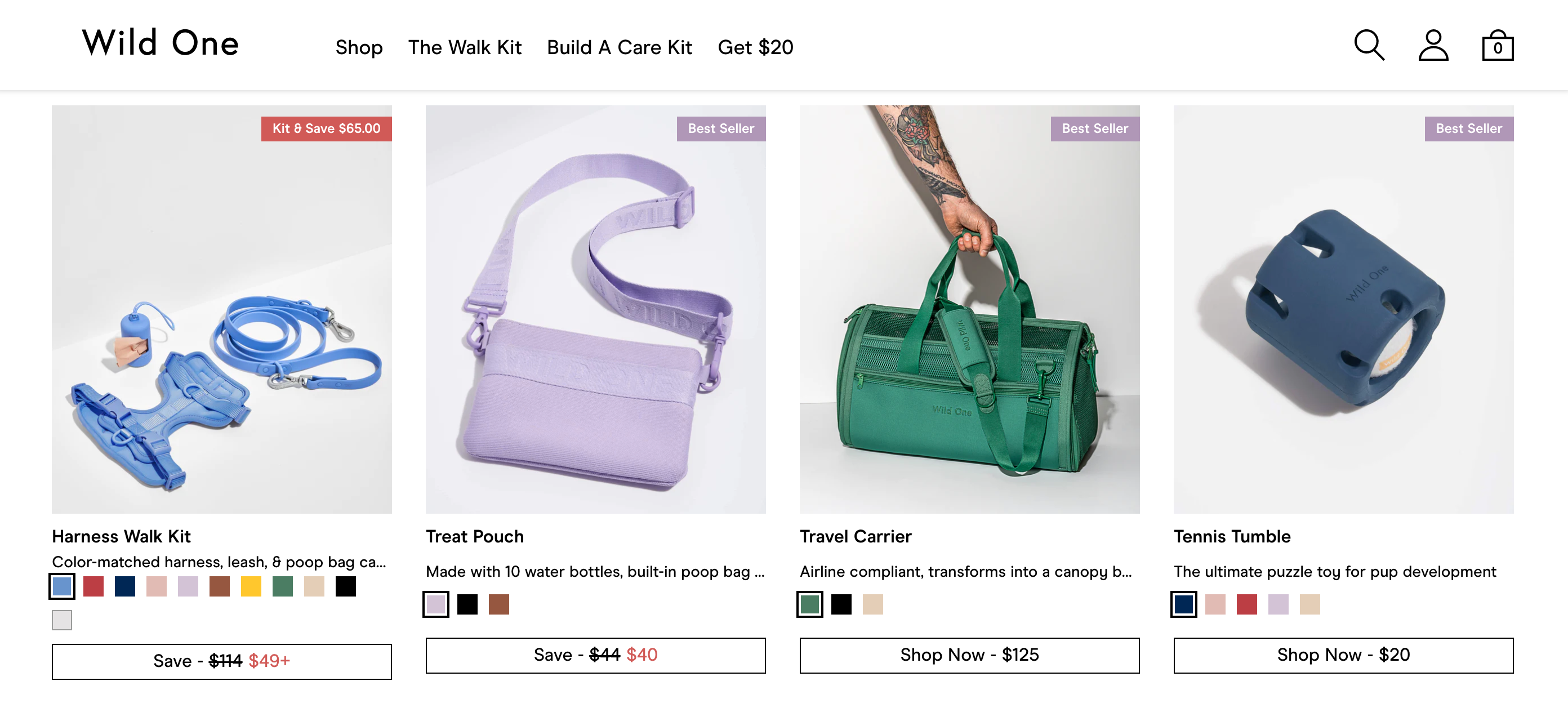 Screengrab of a collection of pet products on the website homepage by Wild One