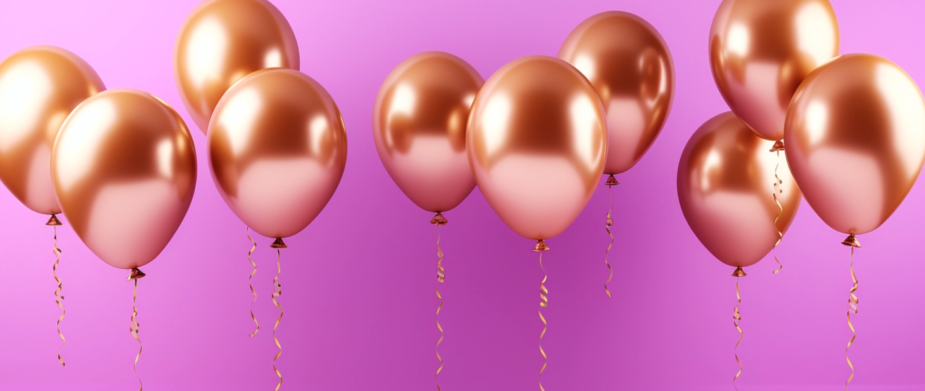 Floating gold balloons on pink background.