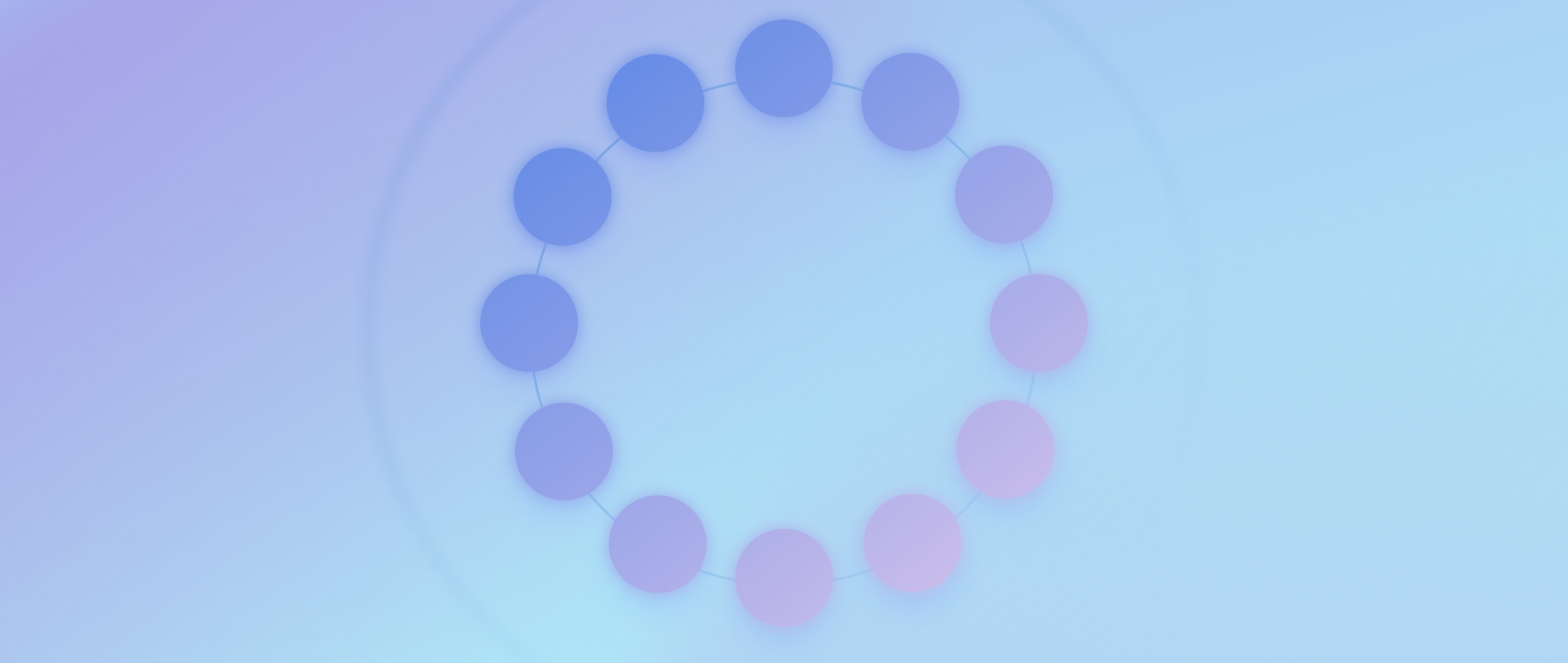 A circle of blue and purple circles on a light blue and purple background.